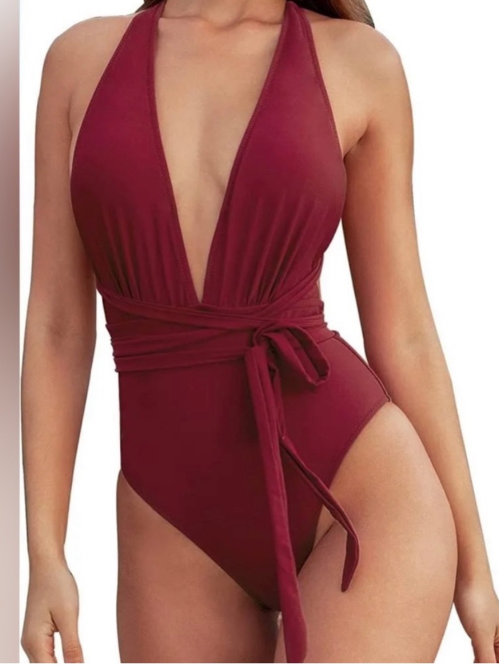Cupshe Deep V Halter One-Piece Swimsuit - Berry Red